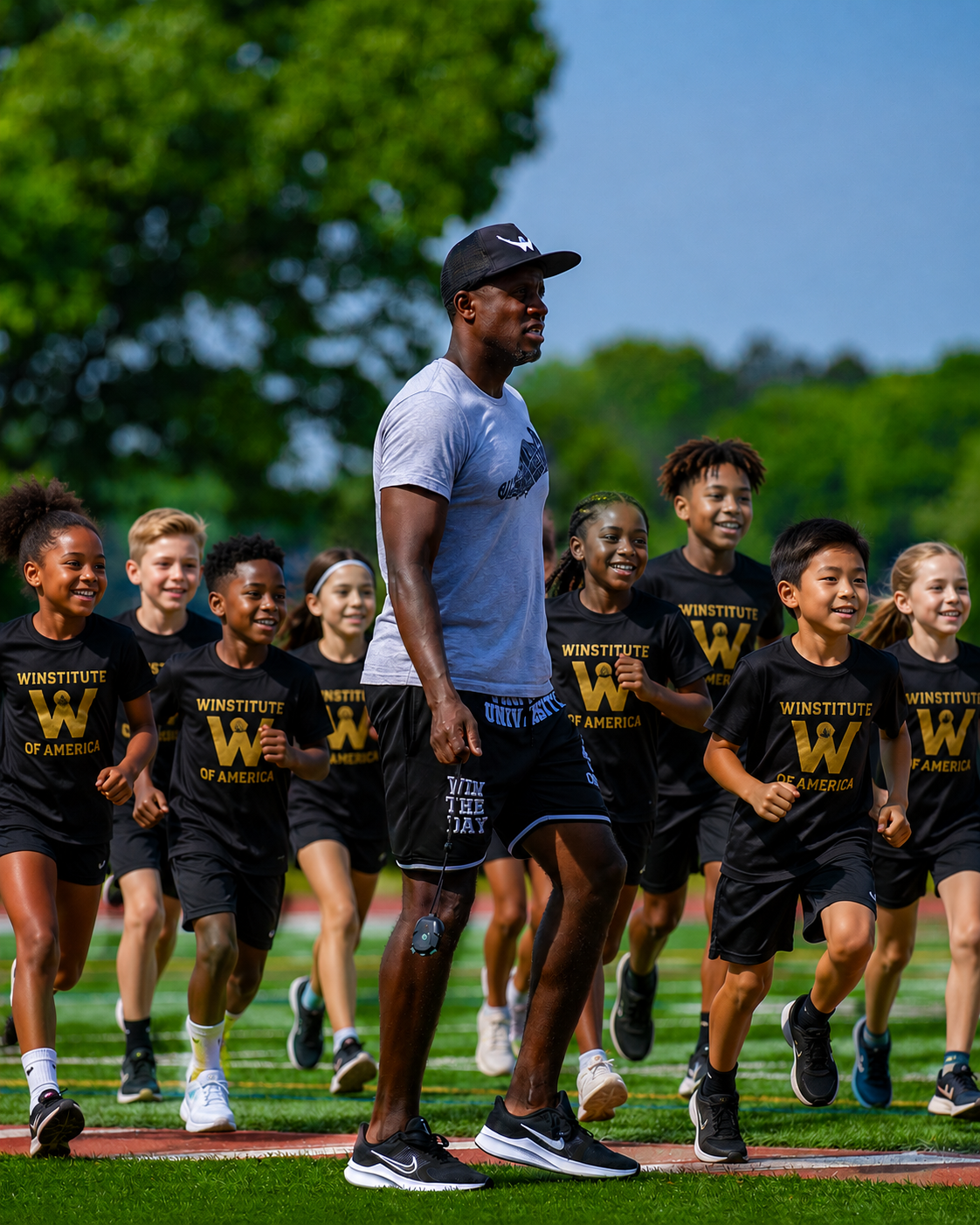 Coach running with Winners Circle Academy students on the track