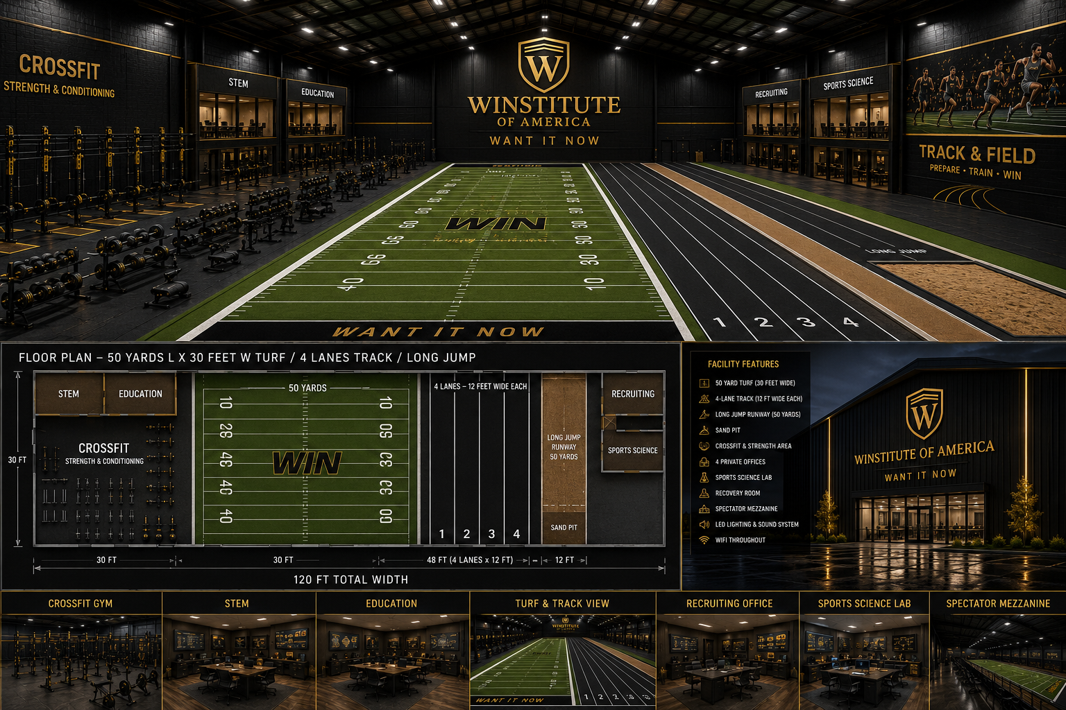 Winstitute of America interior facility — CrossFit, turf field, track, STEM labs, and more